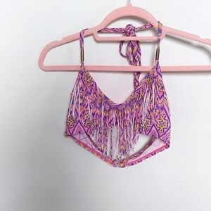 Forever 21 Abstract Pink and Yellow Fringe Bikini Top Size Small